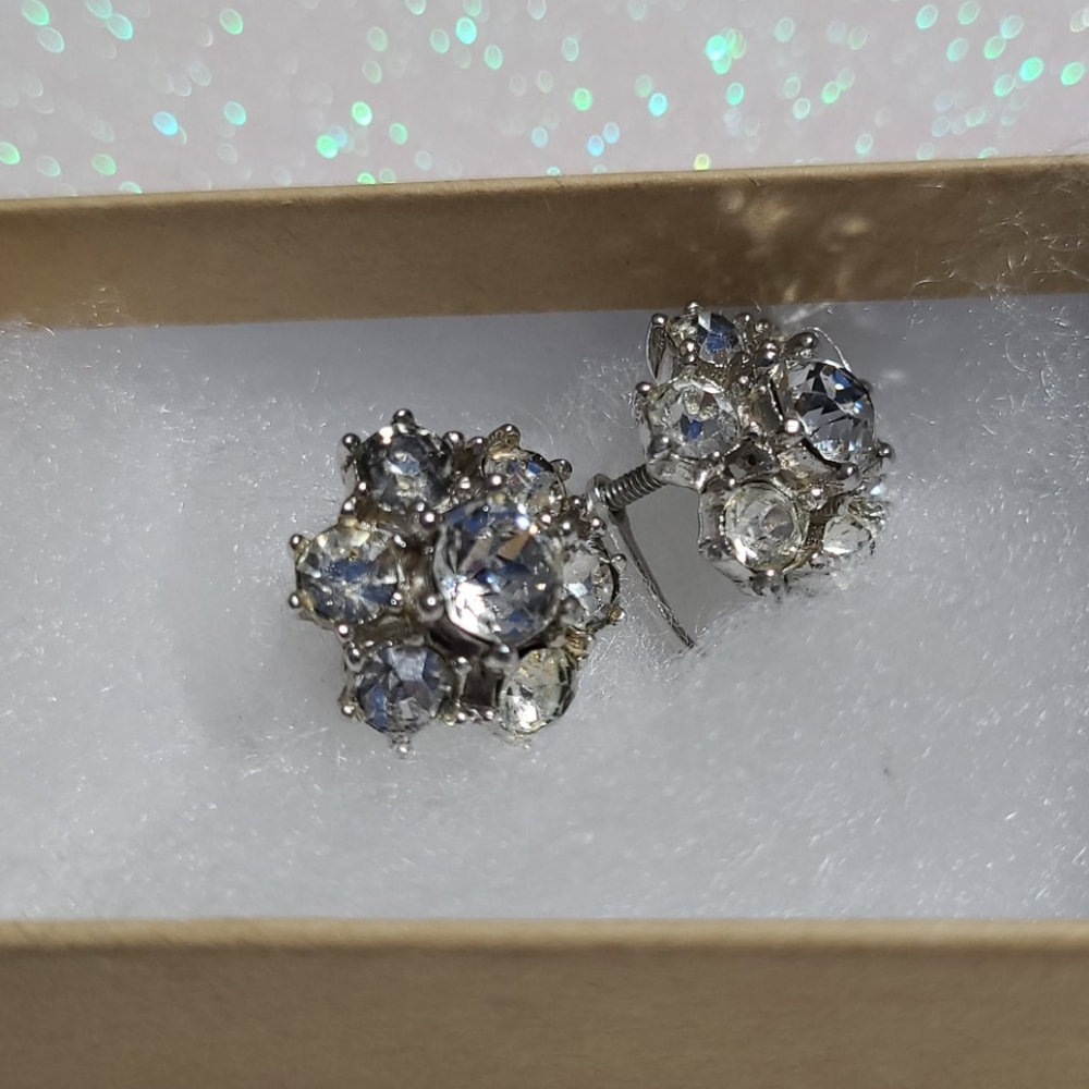 Bogoff Vintage Screw Back Earrings Clip Clear Crystals Rhinestones Faux Diamonds - Picture 7 of 13